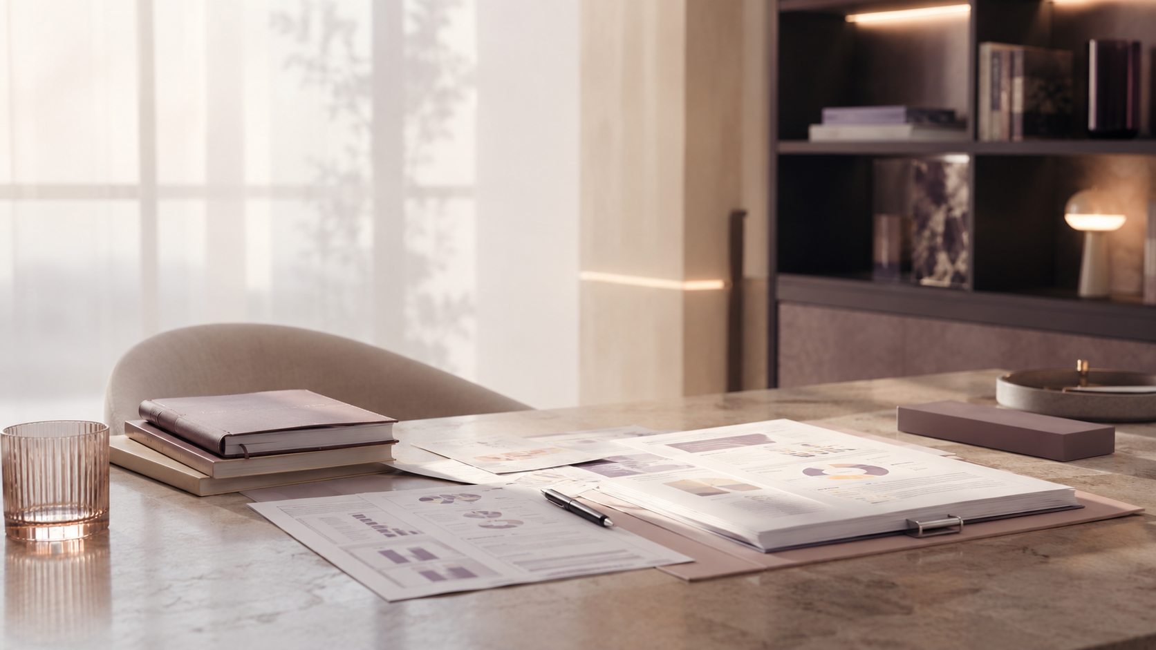 Quiet strategic operations workspace with business reports